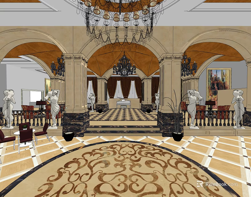 Luxurious Shop Reception Area With Chandelier Columns Statues And Ornate Carpet 3d model 