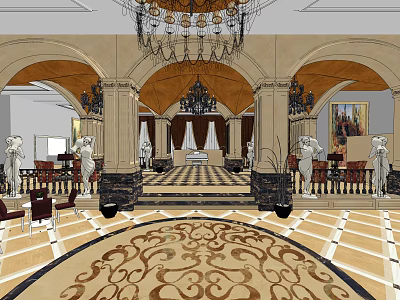 Luxurious Shop Reception Area With Chandelier Columns Statues And Ornate Carpet 3d model