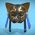 Ornate Ancient Egyptian Black Gold Cat Mask With Blue Tassel Accents
