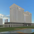 Modern White Office Building With Large Windows Colonnade Base Lawn Water Pool And Blue Sky