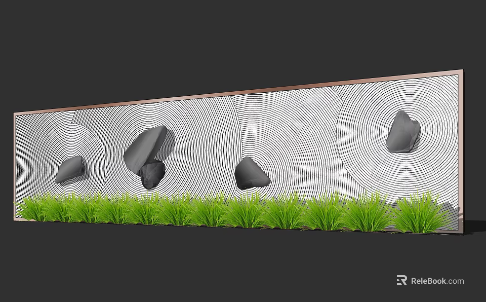 Feature Wall With Wavy Line Pattern Black Stone Decorations And Green Grass 3d model