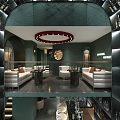 Modern Bar Interior With Circular Lighting Bottle Filled Walls Central Counter Stools And Sofa Seats