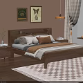 Wooden Double Bed with Headboard Pillows Nightstands Decorative Paintings and Geometric Rug in Cozy Bedroom