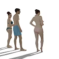 Three People in Pink Bikini Blue Shorts and Dark Green Bikini Standing Together