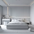 Modern Bedroom Interior With Upholstered Bed Round Mirror Pendant Lights Wardrobe And Area Rug