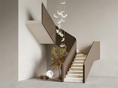 Modern Staircase With LED Lit Steps Wooden Handrail And Hanging Pendant Light 3d model