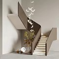 Modern Staircase With LED Lit Steps Wooden Handrail And Hanging Pendant Light