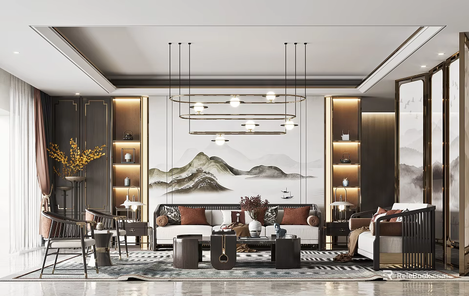 Elegant Traditional Chinese Living Room Interior With Mountain Landscape Wall And Hanging Chandeliers 3d model 
