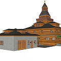 Ancient Wooden Architecture with Spire Tower Surrounded by Green Lawn and Trees Under Blue Sky