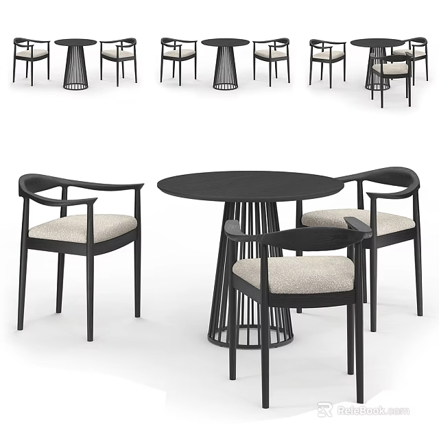 Modern Round Dining Table Set with Black Frame and Beige Upholstered Chairs 3d model