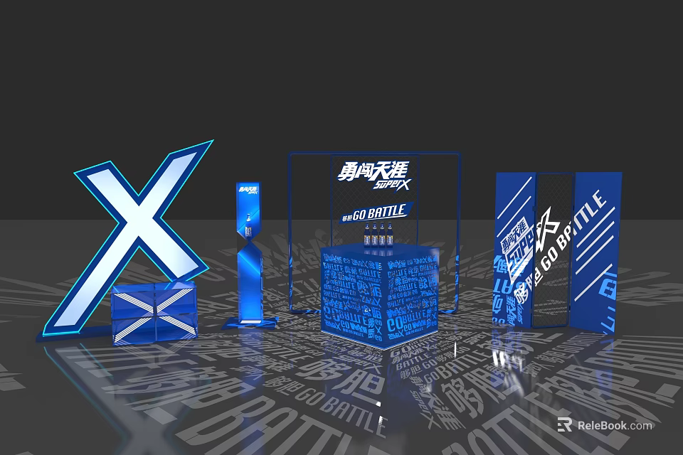 Blue Themed Event Display With 3D X Structure Battle Title Characters And Text Projections 3d model