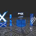 Blue Themed Event Display With 3D X Structure Battle Title Characters And Text Projections 3d model