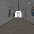 Contemporary Art Gallery Corridor With Framed Paintings On Walls Wooden Floor And Lighting