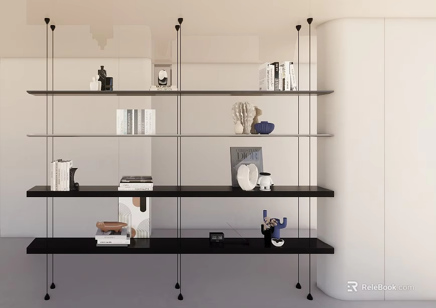 Modern Black Glass Bookshelf With Multiple Shelves Holding Books And Decorative Items 3d model 