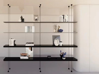 Modern Black Glass Bookshelf With Multiple Shelves Holding Books And Decorative Items 3d model
