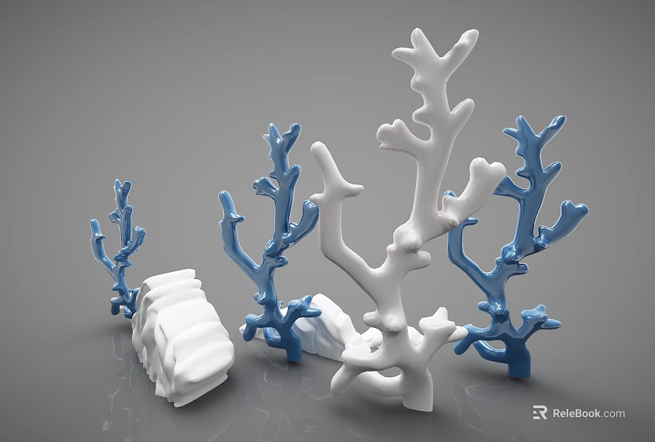 Blue And White Coral Shaped Decorative Ornament Set With Multiple Figurines For Tabletop 3d model 