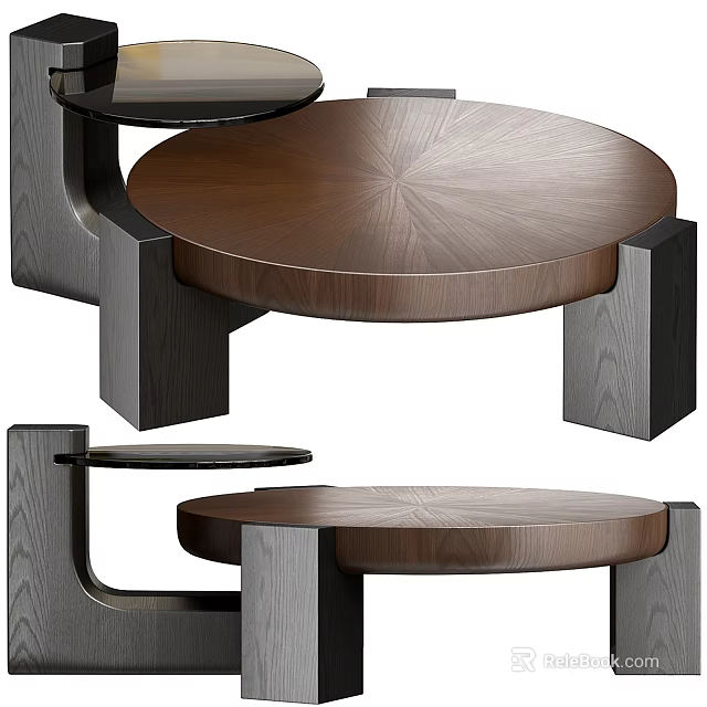 Modern Coffee Table With Round Wooden Top Dark Frame And Lower Shelf 3d model 