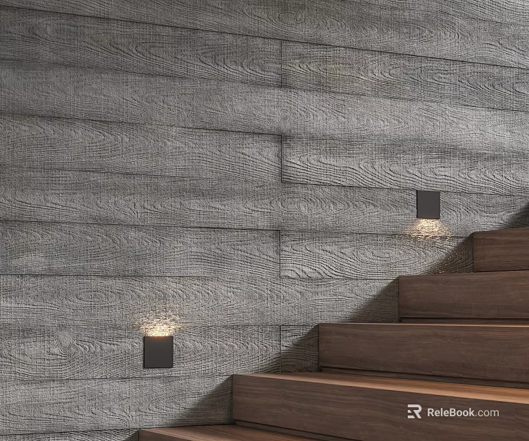 Gray Wood Patterned Wall Interior With Wooden Stairs And Illuminated Wall Lamps 3d model 