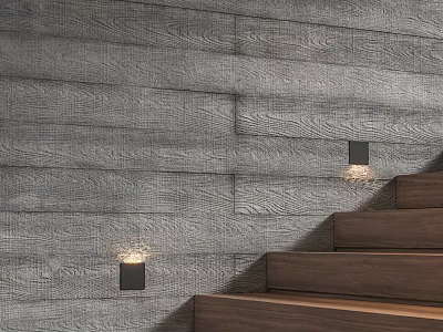 Gray Wood Patterned Wall Interior With Wooden Stairs And Illuminated Wall Lamps 3d model