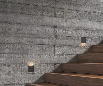 Gray Wood Patterned Wall Interior With Wooden Stairs And Illuminated Wall Lamps 3d model