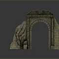 Ancient Stone Arched Entrance Gate With Brick Texture And Ruined Side Structures 3d model