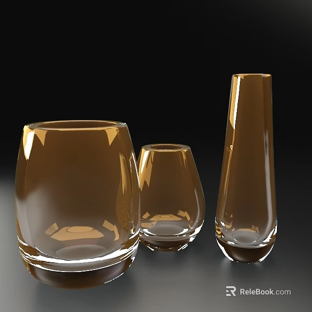 Elegant Set of Three Amber Transparent Glass Cups With Different Shapes on Black Background 3d model 