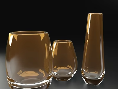 Elegant Set of Three Amber Transparent Glass Cups With Different Shapes on Black Background 3d model