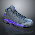Grey Sneakers With Purple Soles Green Logo And Textured Upper Design