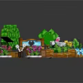 Pixel Style Natural Scene With Green Heart Trees Colorful Flowers Wooden Path And Flower Pots