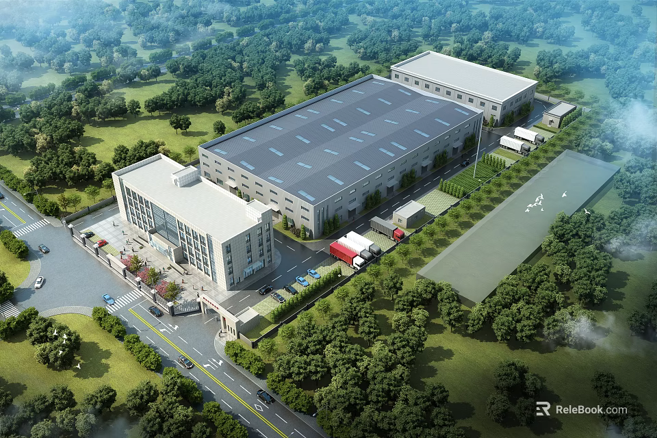 Modern Industrial Factory Complex Featuring Lush Greenery Attached Office Building Parking Area And Delivery Trucks 3d model 