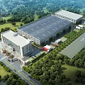 Modern Industrial Factory Complex Featuring Lush Greenery Attached Office Building Parking Area And Delivery Trucks