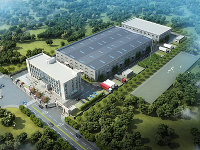 Modern Industrial Factory Complex Featuring Lush Greenery Attached Office Building Parking Area And Delivery Trucks 3d model