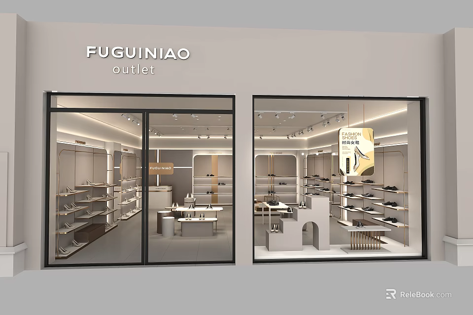 FUGUINIAO Outlet Shoe Store With Glass Window Display And Shoe Racks 3d model 