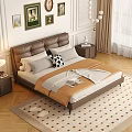 Elegant Bedroom Interior With Leather Headboard Wall Art Beige Curtains And Nightstand Lamp