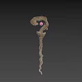 Enchanted Wooden Staff With Curved Design And Pink Gemstone Rustic Texture