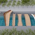 Modern Wooden And White Bridges Design With Blue Water Pool And Green Plants