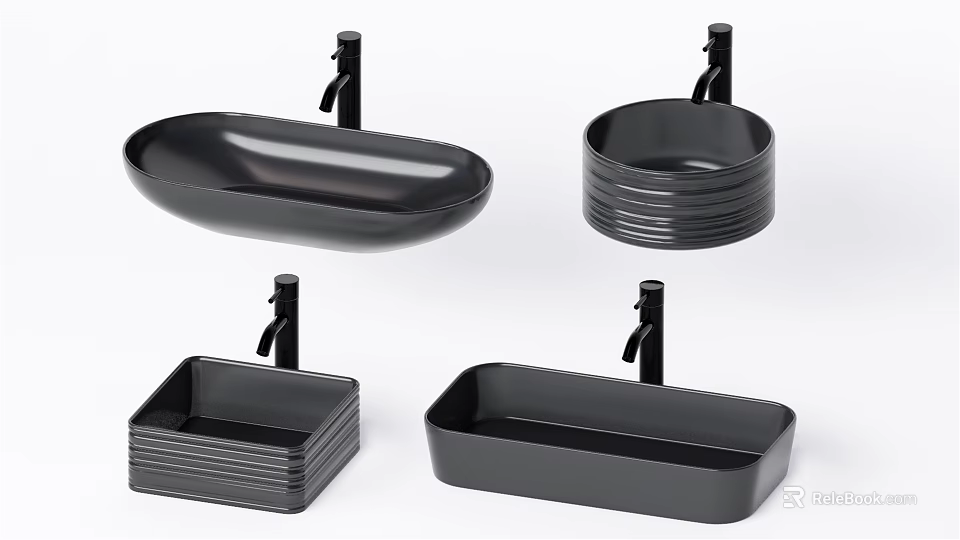 Black Washbasins in Different Shapes with Faucets Oval Round Rectangular and Square Designs 3d model 