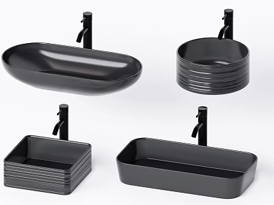 Black Washbasins in Different Shapes with Faucets Oval Round Rectangular and Square Designs 3d model