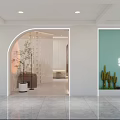Modern Beauty Hair Salon Interior With Arched Doorway White Walls Green Plants And Light Flooring