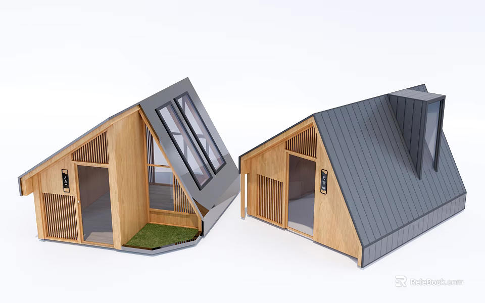 Modern Guesthouse Building With Wooden Structure Sloped Gray Roof And Large Glass Windows 3d model 