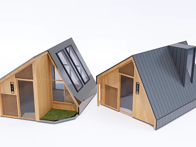 Modern Guesthouse Building With Wooden Structure Sloped Gray Roof And Large Glass Windows 3d model