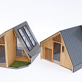 Modern Guesthouse Building With Wooden Structure Sloped Gray Roof And Large Glass Windows
