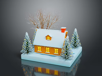 Snowy House Scene With Snow Covered Roof Red Chimney And Lit Christmas Trees 3d model