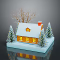 Snowy House Scene With Snow Covered Roof Red Chimney And Lit Christmas Trees