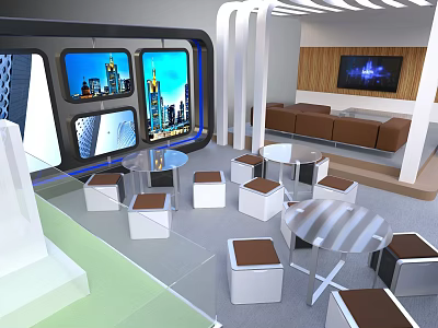 Modern Interior With Public Chairs Glass Tables TV Screens And Wooden Walls 3d model