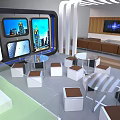 Modern Interior With Public Chairs Glass Tables TV Screens And Wooden Walls