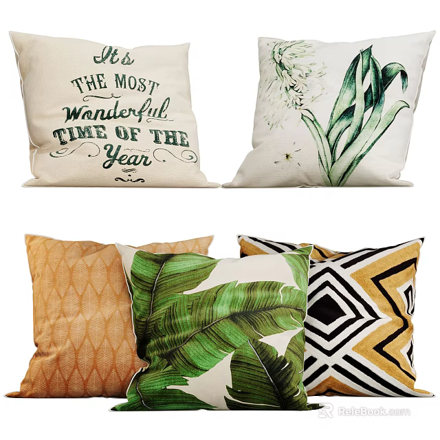 Decorative Throw Pillows With Leaf Patterns Text Prints And Geometric Designs 3d model