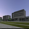 Modern Office Buildings Featuring Large Glass Windows And Green Landscaping In Spacious Plaza