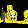 Large Yellow Smiley Face Display Installation With Various Expressions And Smile Like U Text