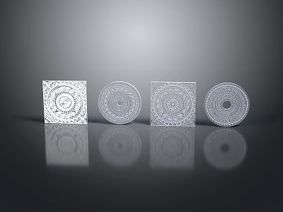 Architectural Decorative Panels Featuring Square Circular Shapes Intricate Cutout Geometric Patterns With Dark Background Reflections 3d model